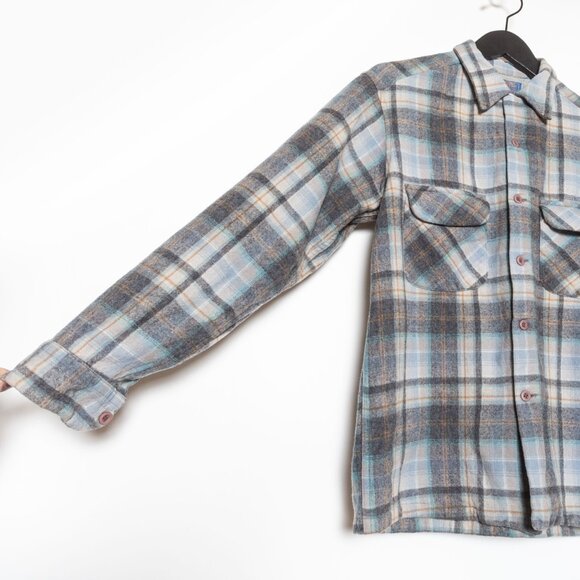 SOLD - Pendleton Vintage Wool Board Shirt - Blue Gray Tan - Size S/M - Picture 2 of 11